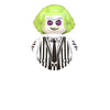 A building block figure of a green-haired character with purple eyes wearing a black and white striped shirt