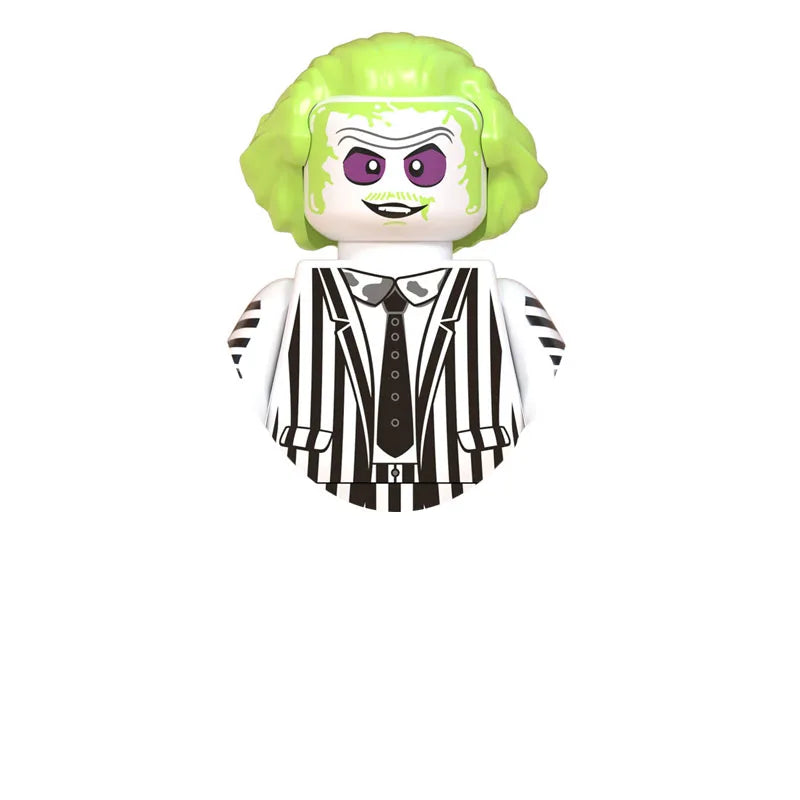 A building block figure of a green-haired character with purple eyes wearing a black and white striped shirt