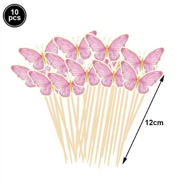 A bundle of ten pink butterfly toppers on wooden sticks for parties and celebrations.