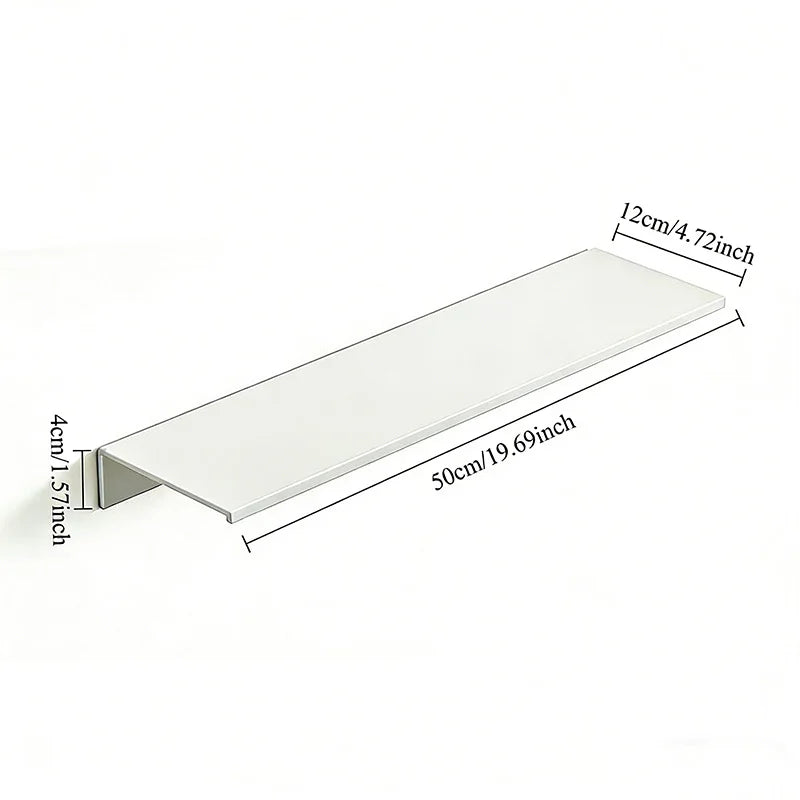 A white aluminum floating wall shelf measuring 50cm long and 12cm deep.