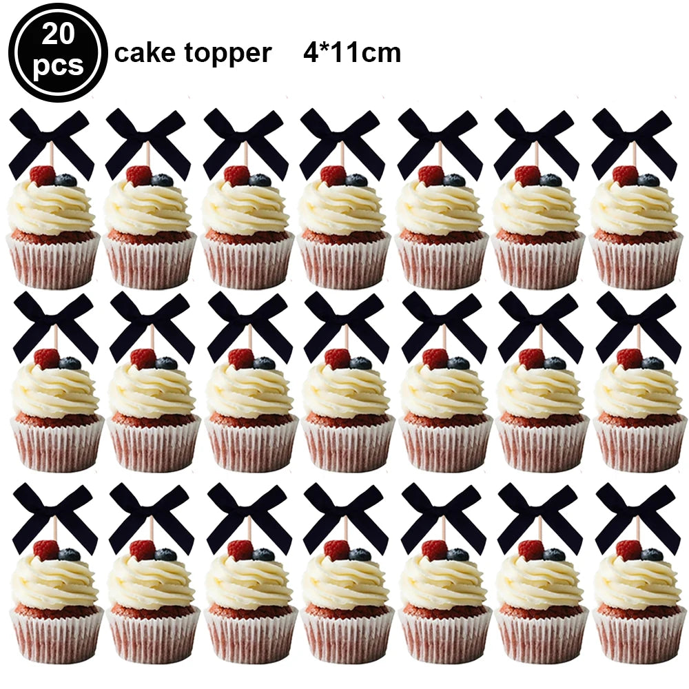 A set of 20 pink bow cupcake toppers measuring 4x11cm.