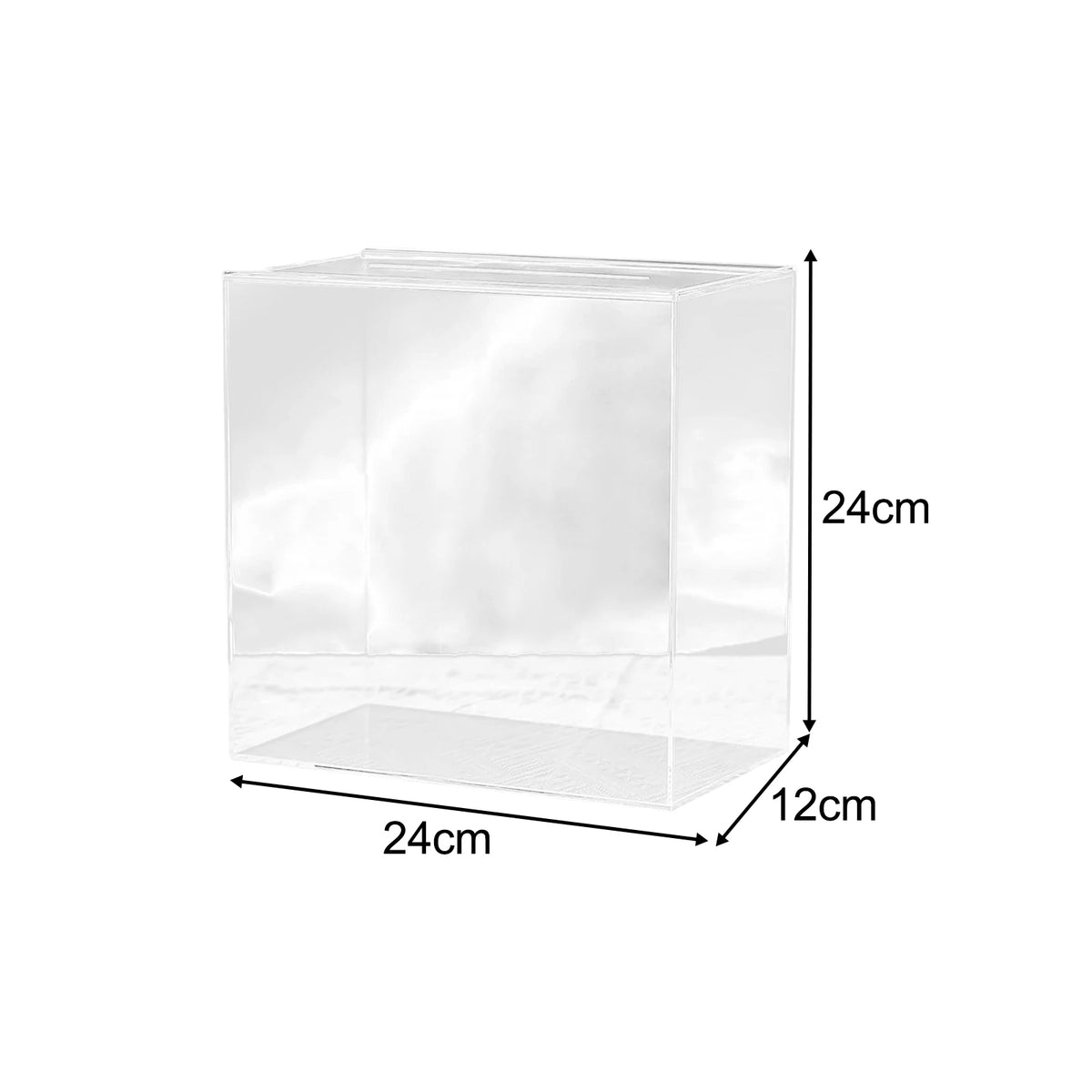 A clear acrylic gift box with dimensions 24cm long, 12cm deep, and 24cm high.