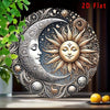 2D flat vintage celestial sun and moon aluminum wall art featuring intricate silver and gold details