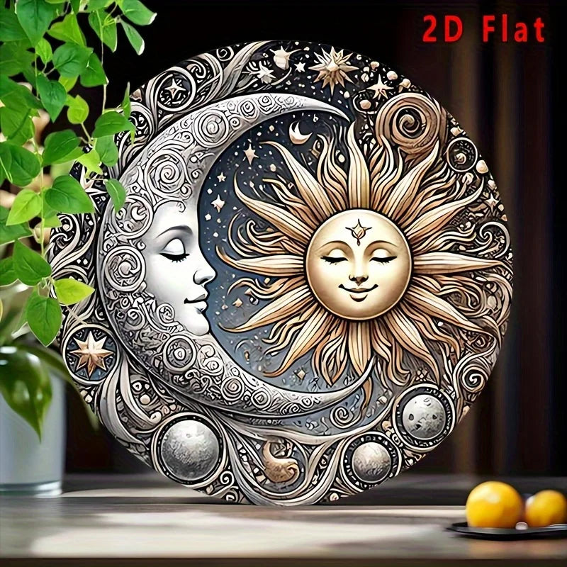 2D flat vintage celestial sun and moon aluminum wall art featuring intricate silver and gold details