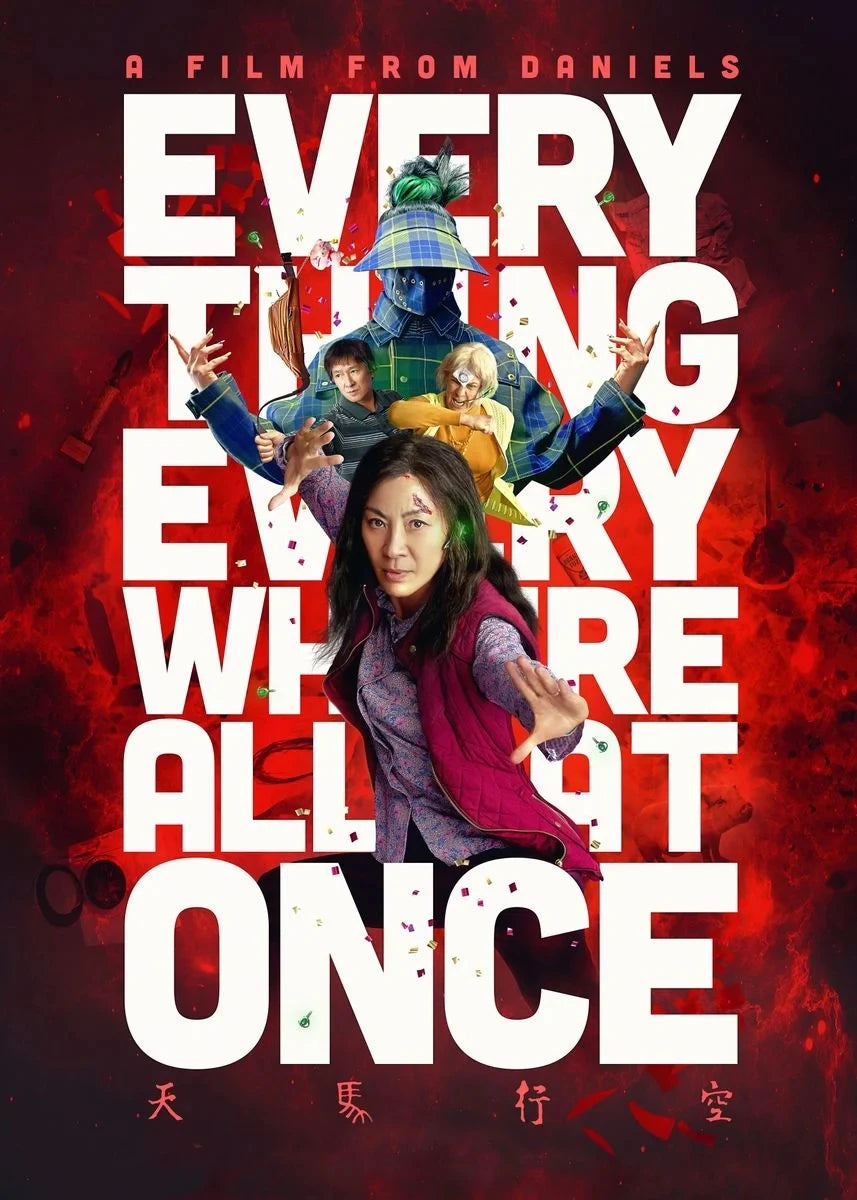Movie poster for Every Thing Where All Once featuring characters and red background.
