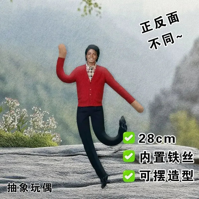 A red-shirted male action figure standing on a rocky surface, demonstrating poseable wire skeleton features.