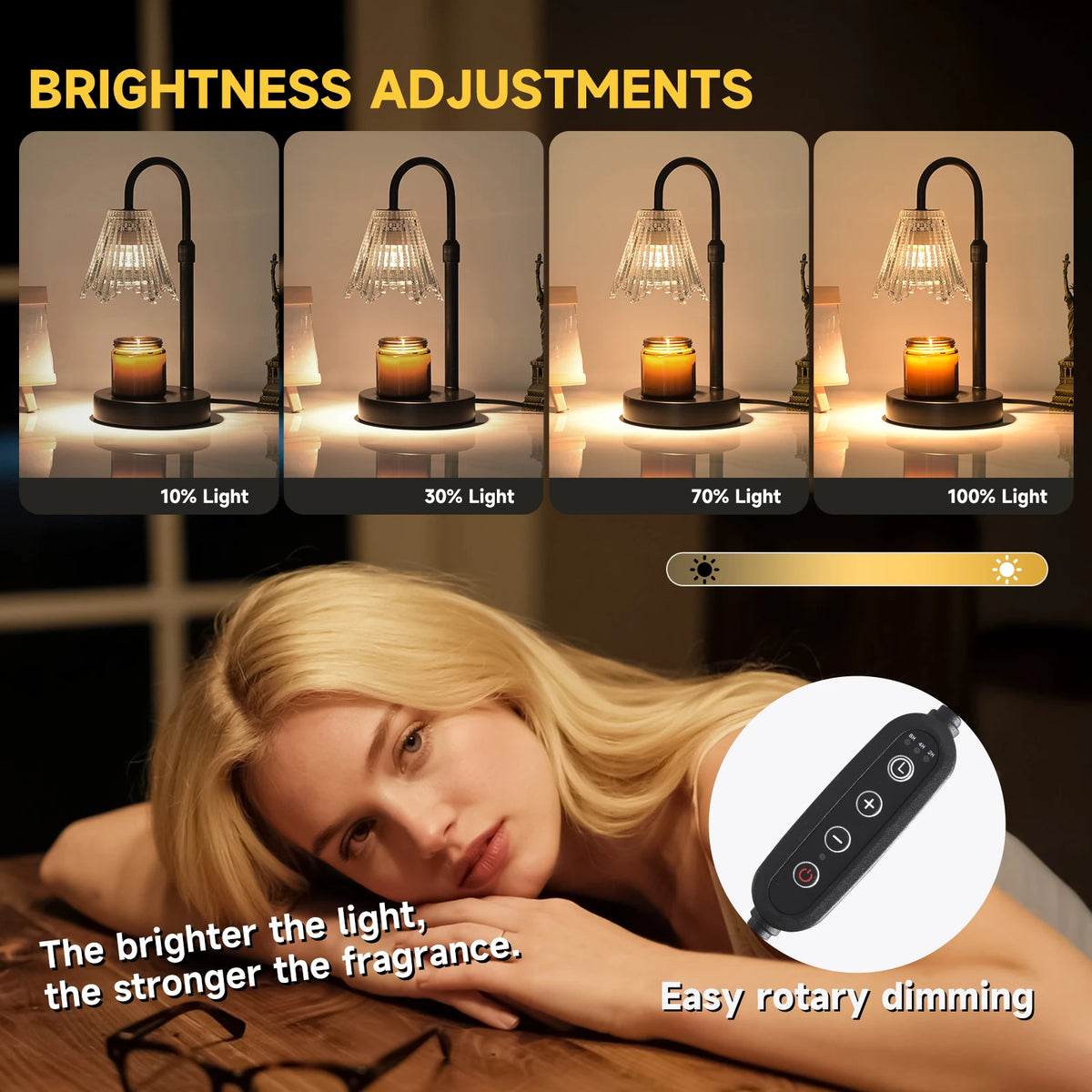 A woman is using a dimmable candle warmer lamp with a glass shade for fragrance adjustments.