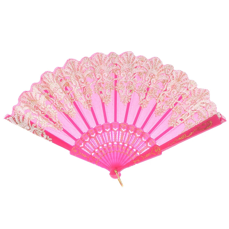 Pink lace folding hand fan with gold embroidery for weddings and dance