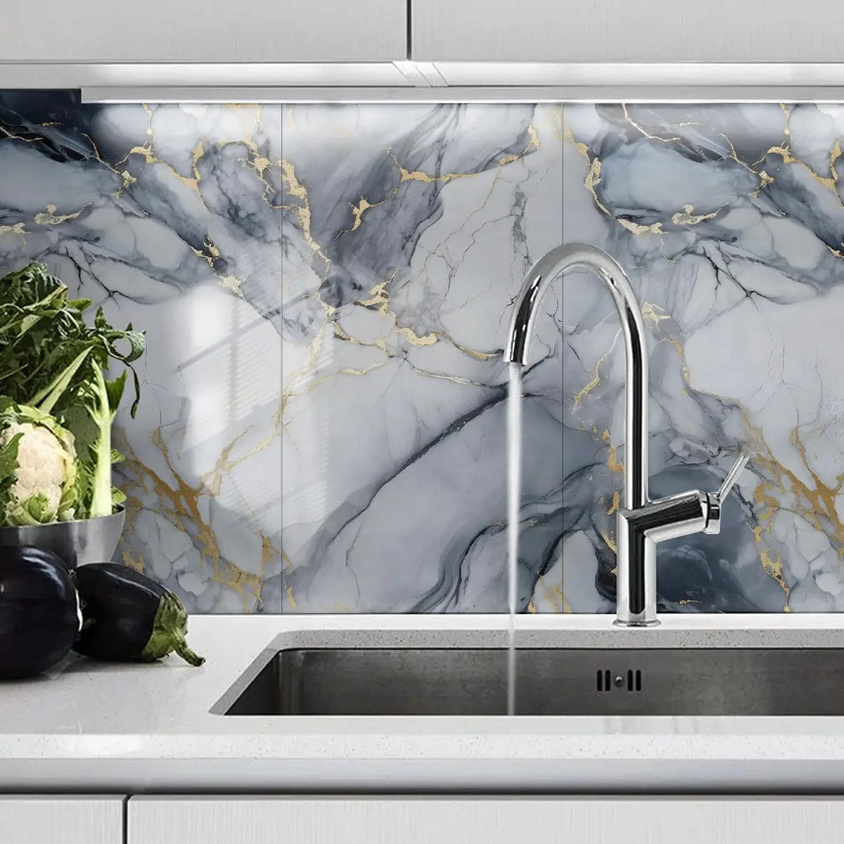 A kitchen sink with a modern faucet set against a marble peel-and-stick wall panel featuring gray and gold veining.