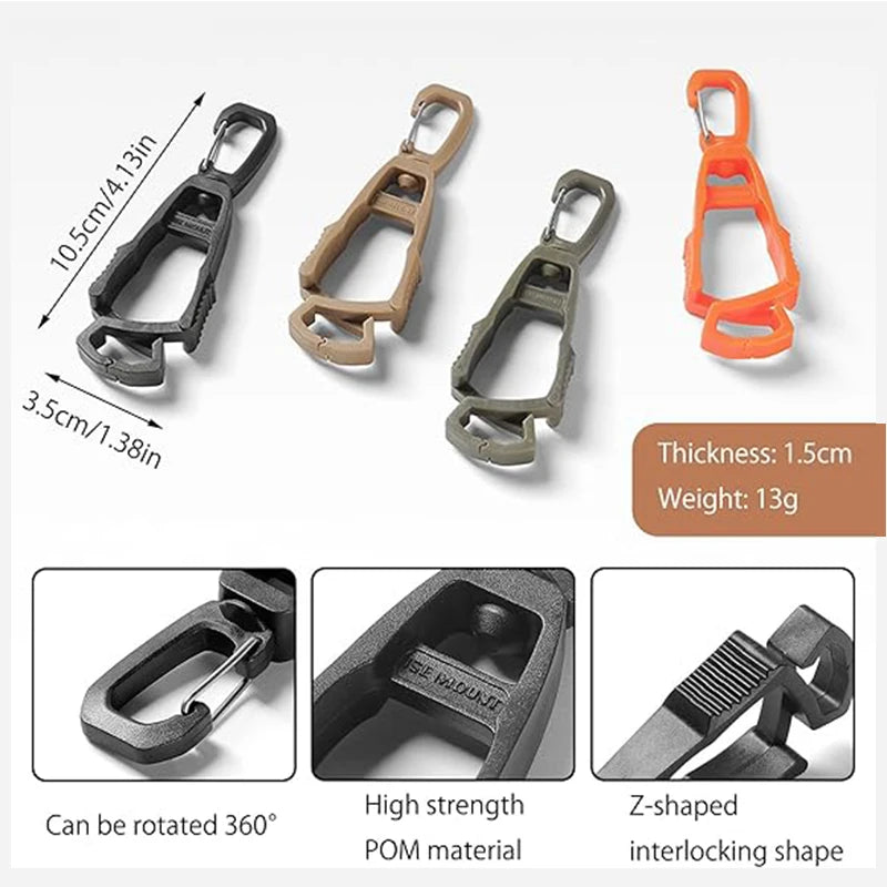 A set of orange and gray durable glove clips made of POM material showing various angles and features.