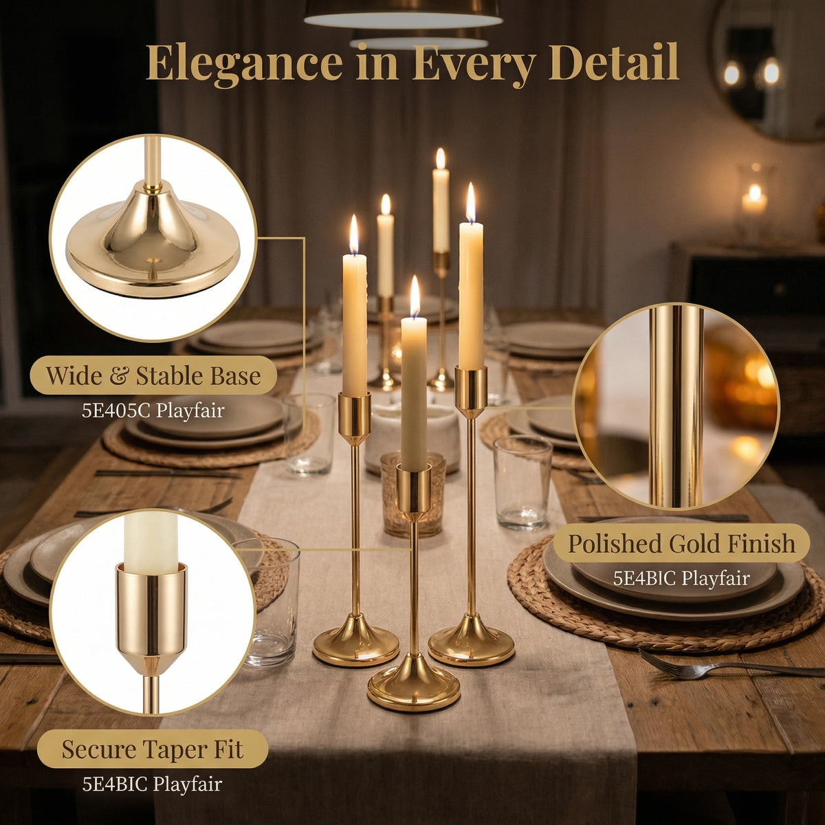A set of polished gold metal taper candle holders displayed on a wooden table with various decorative elements.