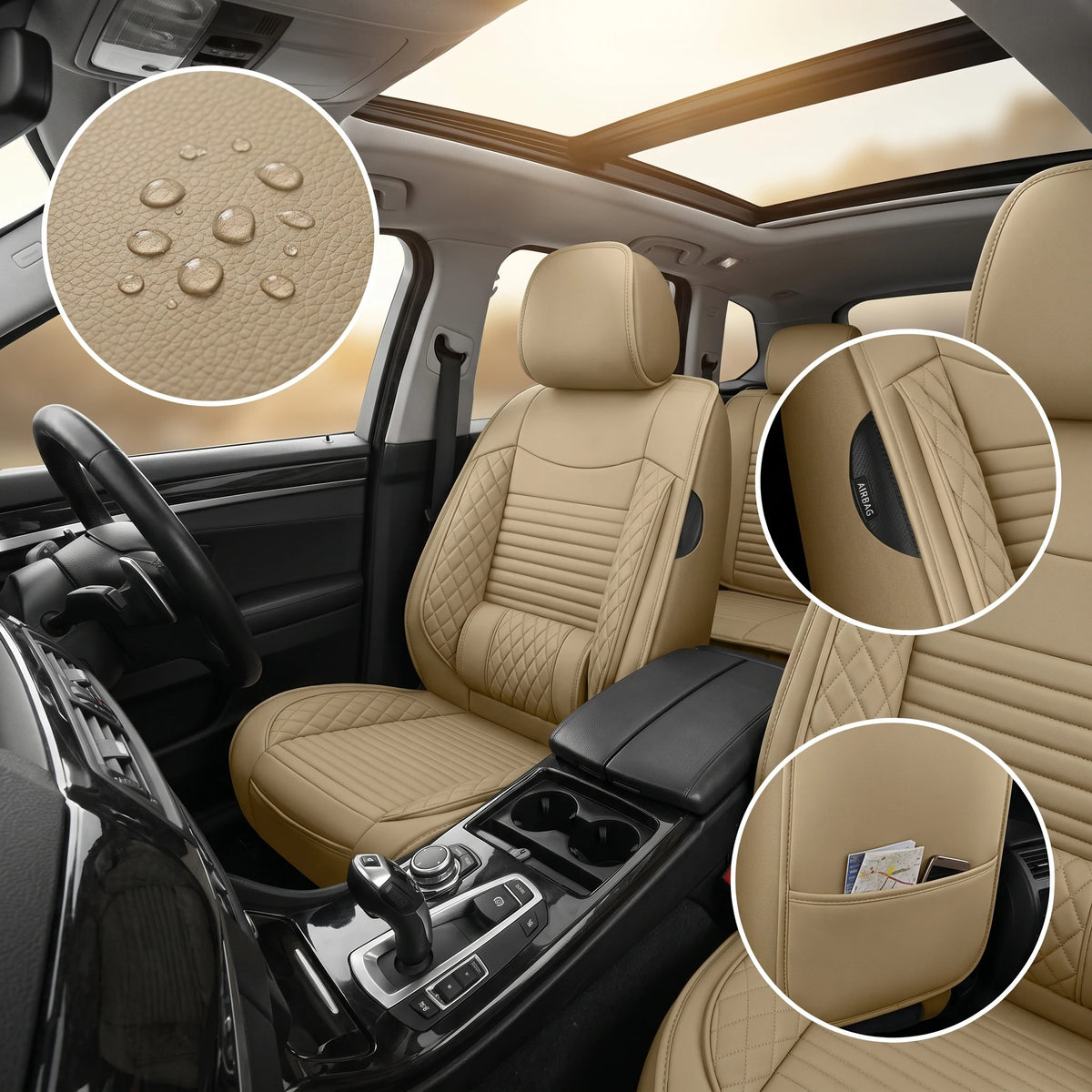 Close-up view of beige PU leather car seat covers installed in a vehicle interior, showing texture and fit.