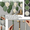 Bohemian style macrame leaf wall hanging in green, sage green, and off-white colors