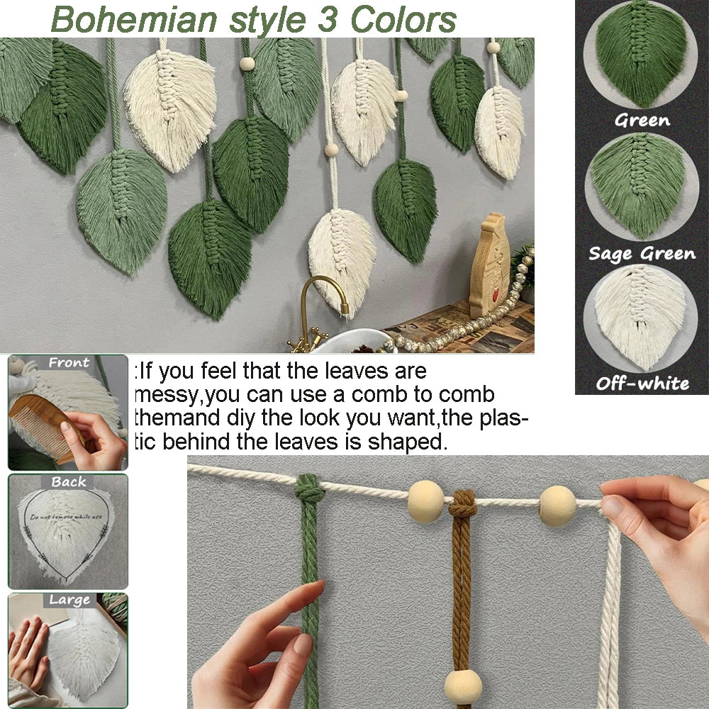 Bohemian style macrame leaf wall hanging in green, sage green, and off-white colors