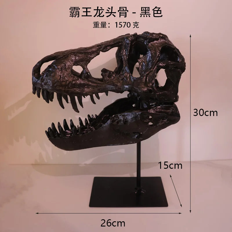 A black resin sculpture of a Tyrannosaurus skull displayed on a stand.
