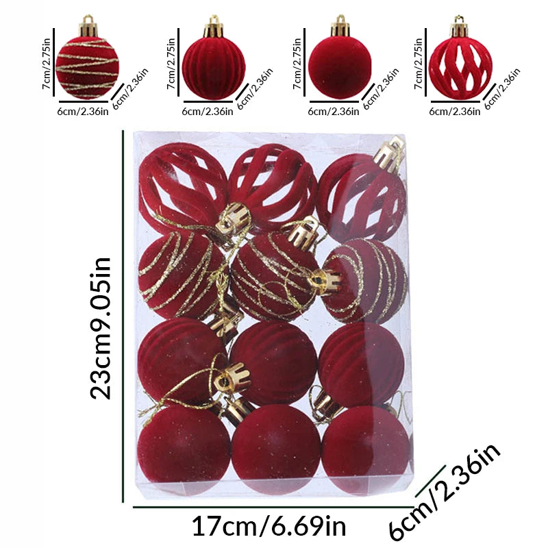 A set of six velvet red Christmas tree hanging ornaments displayed in a clear plastic packaging.