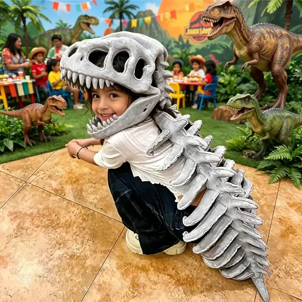 Una niña viste un disfraz de peluche de esqueleto de dinosaurio realista y posa en un jardín.