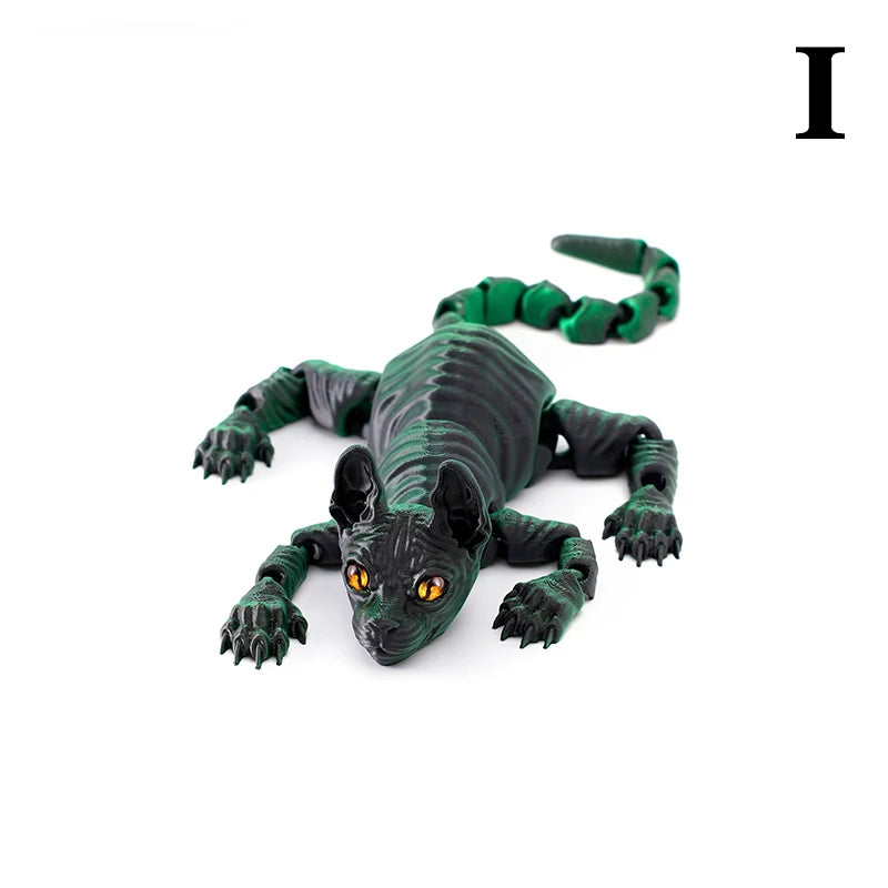 A realistic 3D printed figurine of a green Sphynx cat with glowing yellow eyes.