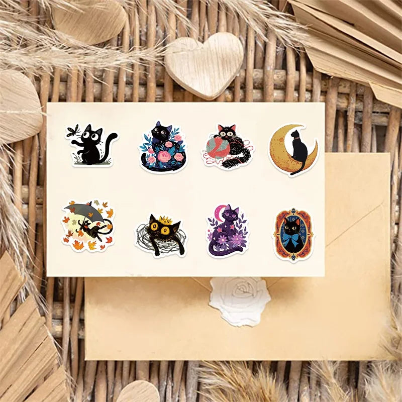 A pack of cartoon black star cat PVC stickers for DIY crafts and scrapbooking displayed on a light background.