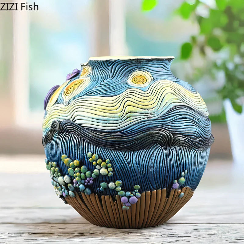 A blue and yellow resin vase with swirling patterns sits on a wooden surface.