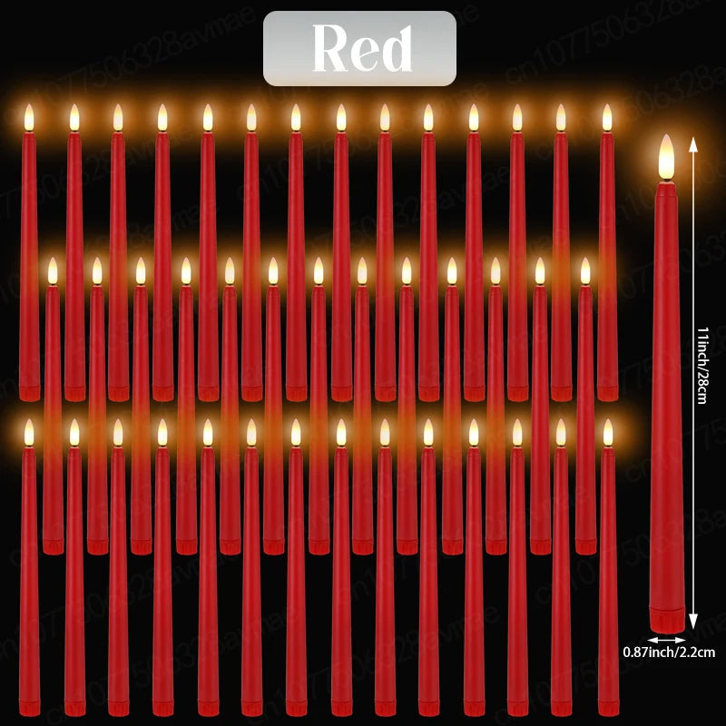 A set of red flameless LED taper candles with flickering flame effect arranged vertically.