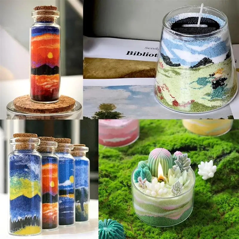 Various glass candles filled with colored sand pigment and wax, displayed in various arrangements.