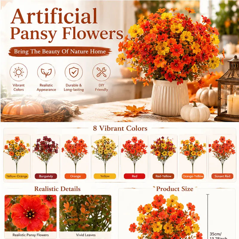 A collection of vibrant artificial pansy flowers in various colors like orange, red, and yellow displayed in a white pot.
