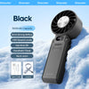A black Kinscoter handheld fan is shown resting on snow, with specifications listed nearby.