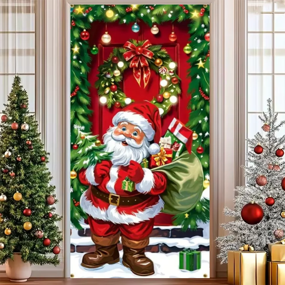 Merry Christmas Party Decoration Door Cover with Santa, Snowman & Reindeer Design