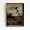 A vintage canvas wall art print featuring a moody Victorian scene with silhouetted birds on bare branches.