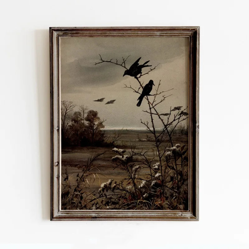 A vintage canvas wall art print featuring a moody Victorian scene with silhouetted birds on bare branches.