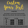 A graphic showing size options for custom text, including S, M, and L sizes with corresponding heights in centimeters and inc