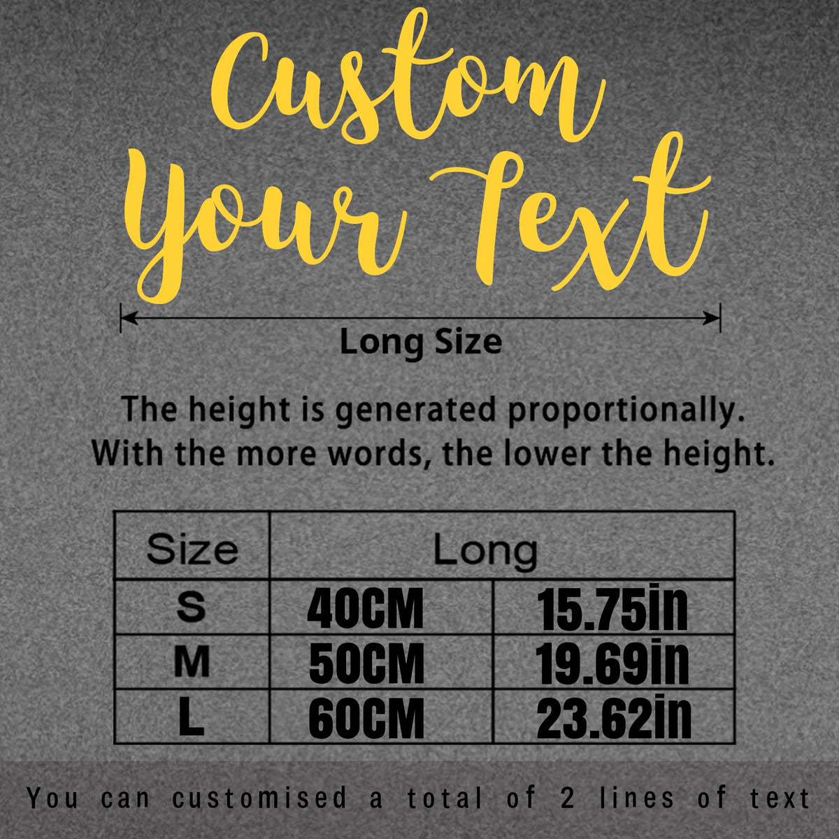A graphic showing size options for custom text, including S, M, and L sizes with corresponding heights in centimeters and inc