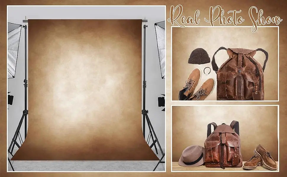 A photo show display featuring brown leather cowboy boots, a brown leather bag, and a brown hat against a rustic backdrop.