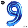 A shiny blue Mylar balloon shaped like the number 9, measuring 32 inches.