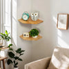 A set of two natural wood wall-mounted corner shelves displaying decorative items like an owl clock and a small potted plant.