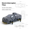 A gray Storm Interceptor Titus armored vehicle model with swivel rubber tires and scale drawings.
