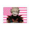 Anime style illustration of Bakugo Katsuki with spiky blonde hair and intense expression against a pink and white striped bac