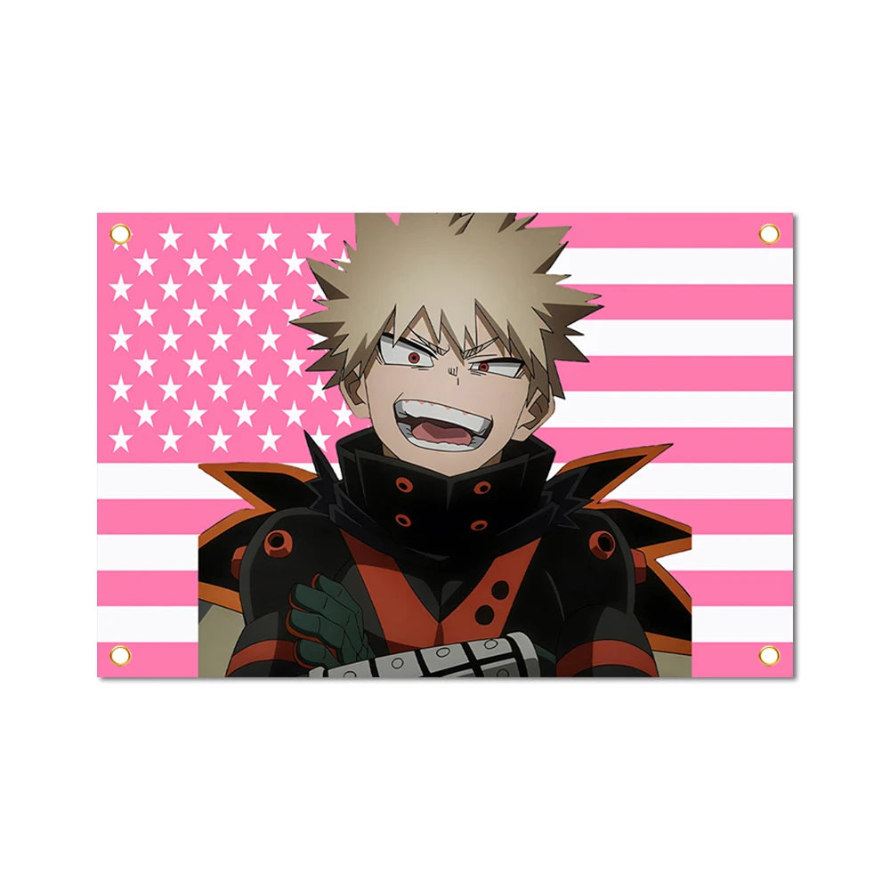 Anime style illustration of Bakugo Katsuki with spiky blonde hair and intense expression against a pink and white striped bac