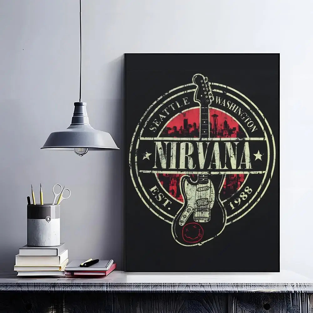 A black framed poster featuring a grunge design of the Nirvana band logo and guitar in red and white tones.