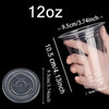 A hand holds a clear disposable plastic cup with a flat lid, showing its size and transparent material.