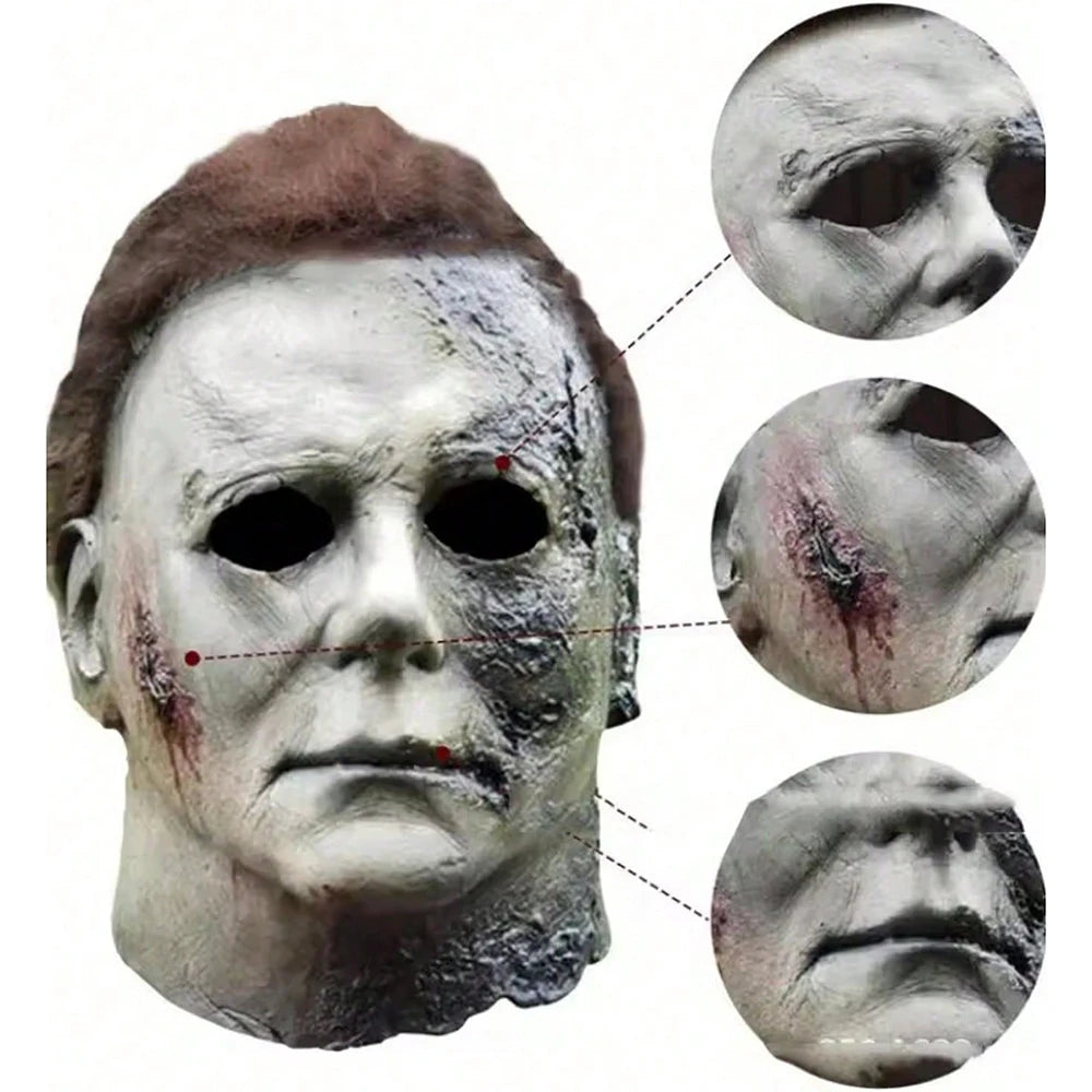 A realistic horror mask resembling Michael Myers, showing facial features and texture.
