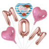 A set of six pink and rose gold foil balloons, including a heart shape, a number zero, and elongated letters.