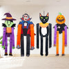 A set of Halloween hanging ornaments featuring ghosts, a skeleton, and a cat in orange, black, and purple.