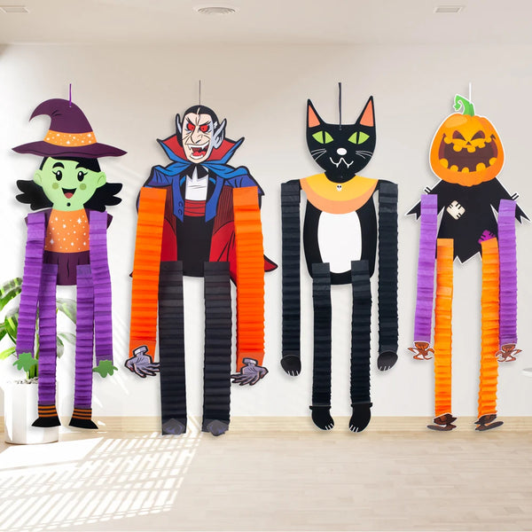 A set of Halloween hanging ornaments featuring ghosts, a skeleton, and a cat in orange, black, and purple.