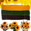 A pack of multi-color chenille stem pipe cleaners in yellow, green, and brown stacked with orange flowers.
