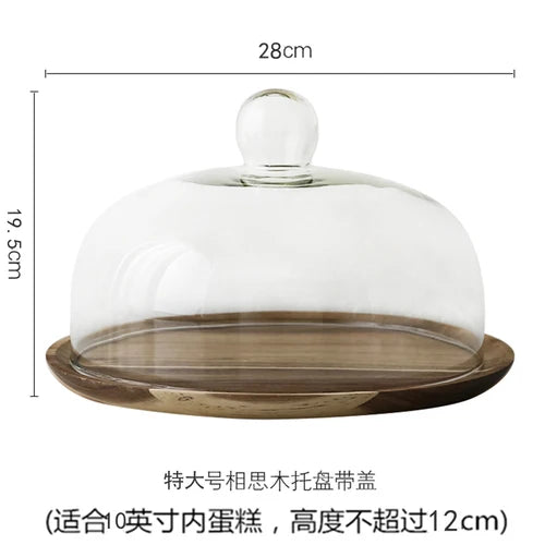 Solid acacia wood cake tray with a clear glass dome cover