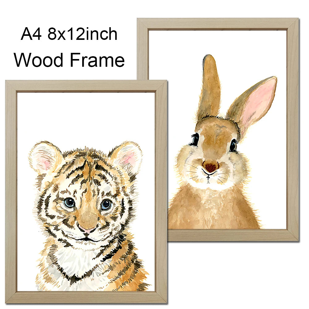 A watercolor painting of a baby tiger in a wooden frame.