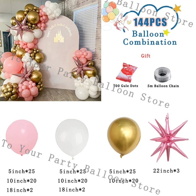 A balloon combination kit featuring pink and white balloons, including a balloon garland arch, confetti, and a 5m balloon cha