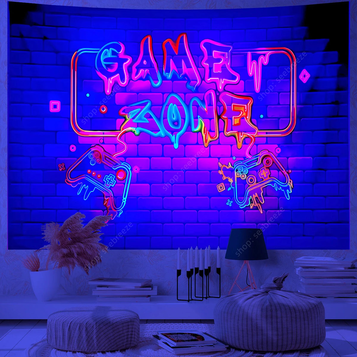 A vibrant neon sign featuring a game zone graphic on a brick wall background.